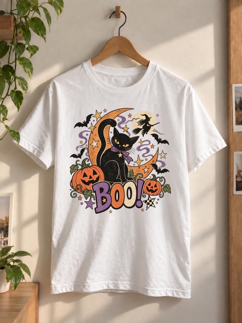 Black Cat Halloween T-Shirt, Vintage Boo Witchy Cat Graphic Tee, Spooky Season